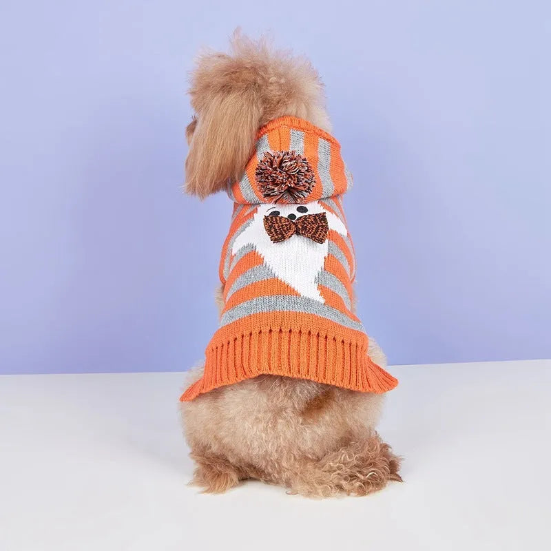 Orange knitted pet sweater with striped fur ball decoration and hood for small dog or cat.