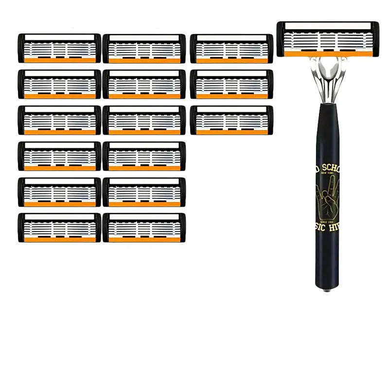 Black manual shaver finger handle with six-layer blade design showing multiple blade configurations