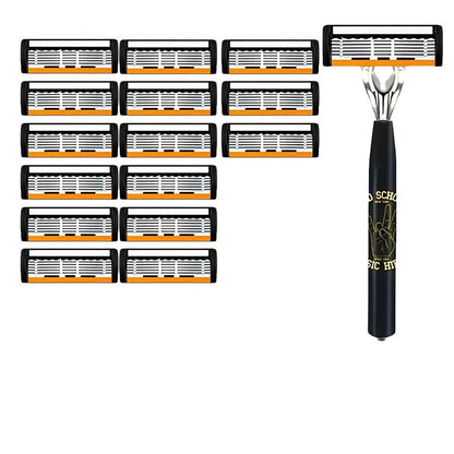 Black manual shaver finger handle with six-layer blade design showing multiple blade configurations