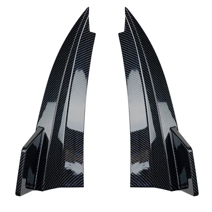 Car rear corner protectors in PP plastic, shown in piano black and carbon fibre pattern finishes