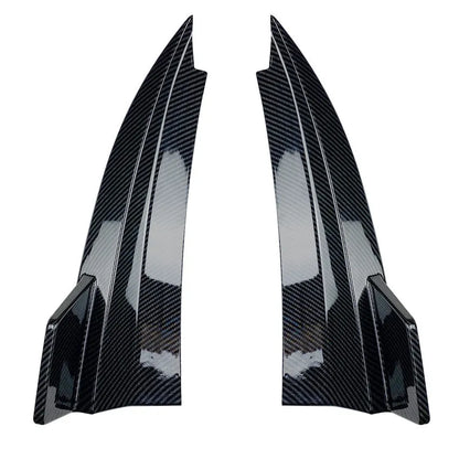 Car rear corner protectors in PP plastic, shown in piano black and carbon fibre pattern finishes