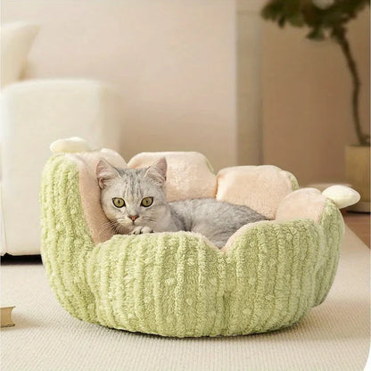 Cactus pattern soft cat litter kennel in purple or green, showing large and small size options