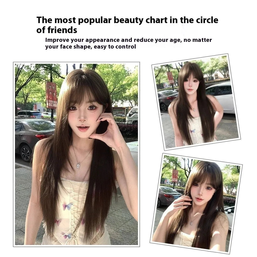 Black-brown high-temperature fibre women's wig with wig stand and styling accessories