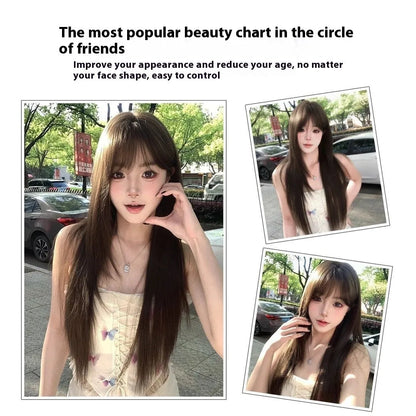Black-brown high-temperature fibre women's wig with wig stand and styling accessories