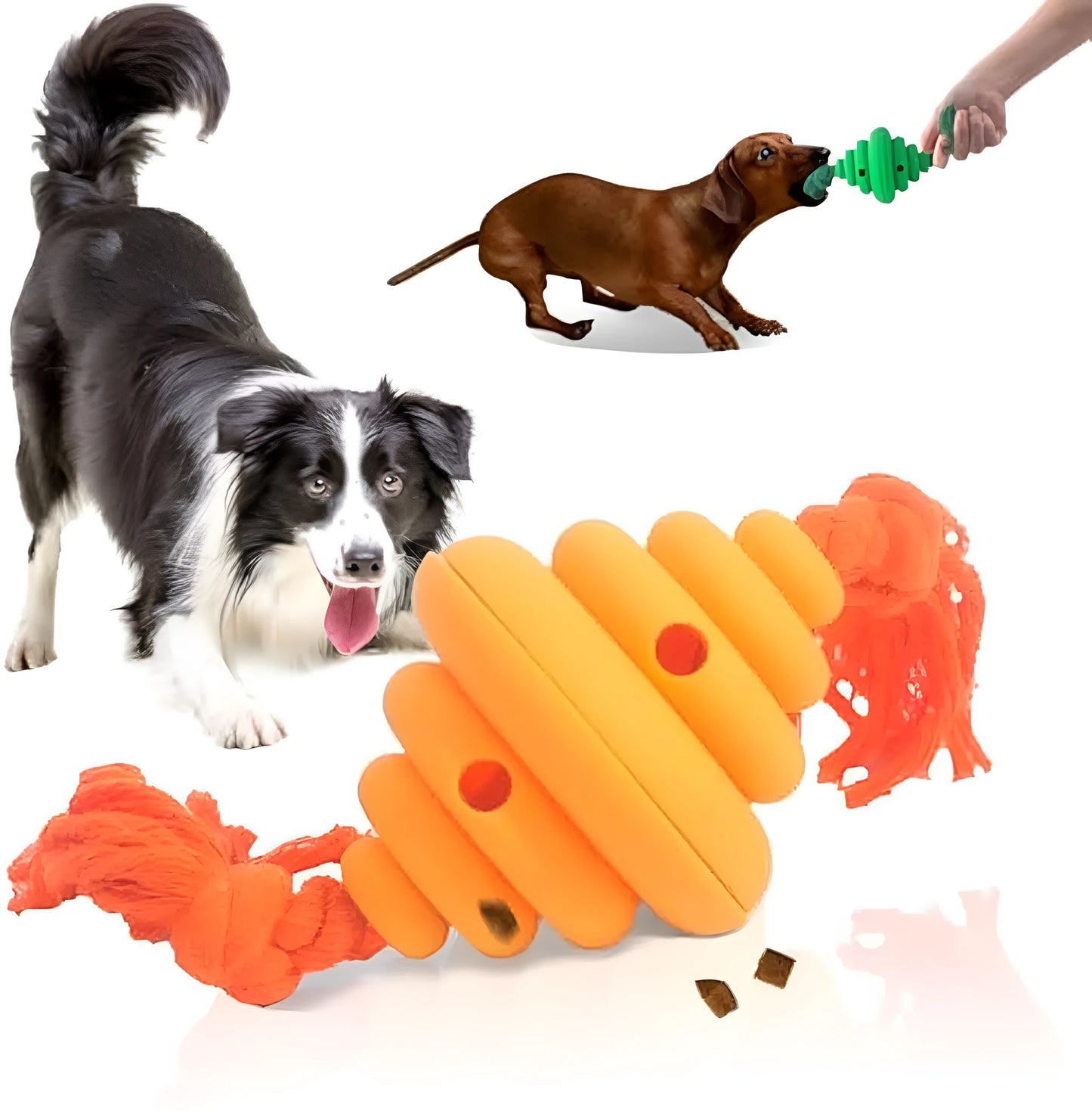 Green and yellow dog ball with attached knotted rope chew and feeder toy on grass.