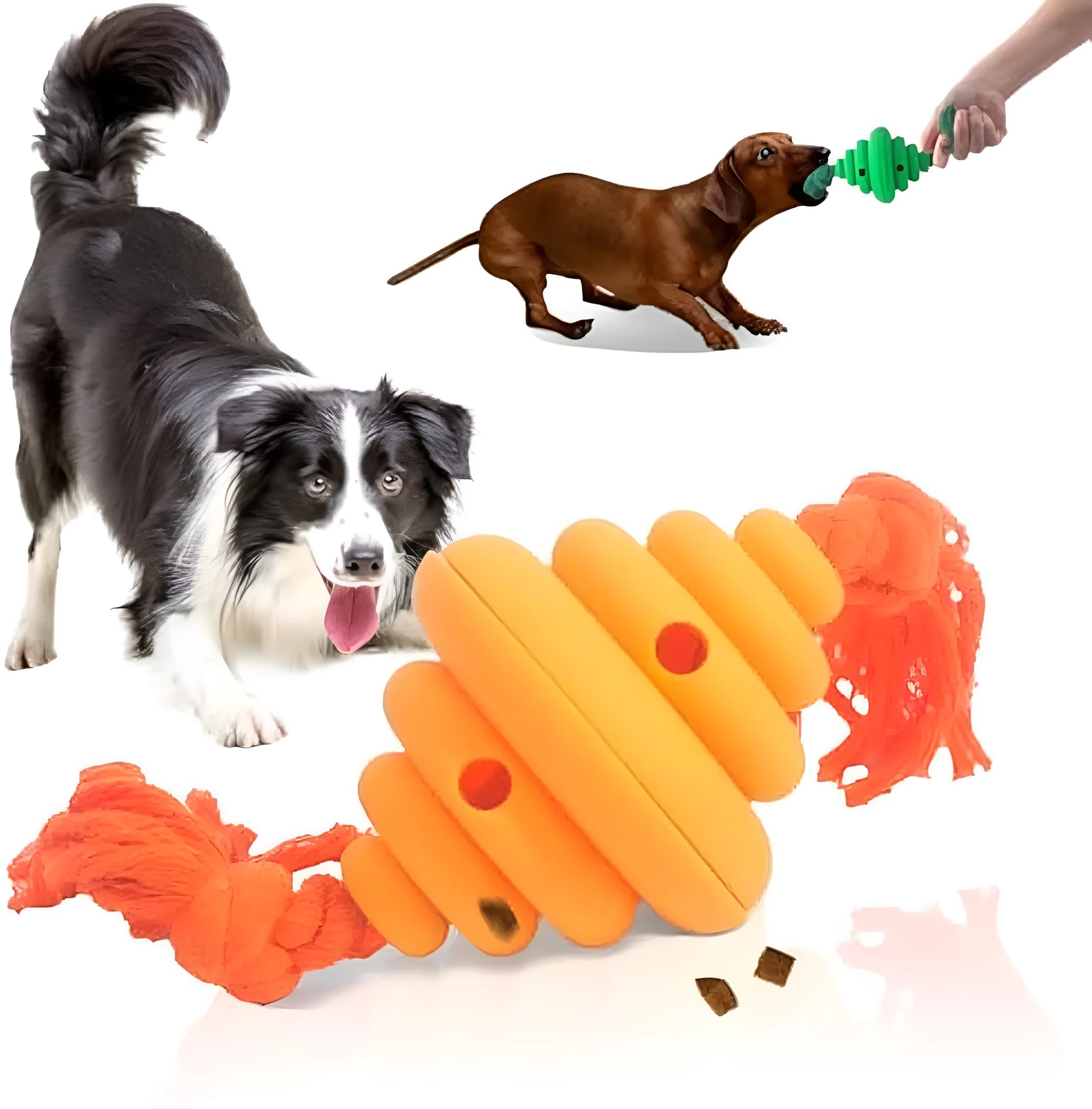 Green and yellow dog ball with attached knotted rope chew and feeder toy on grass.