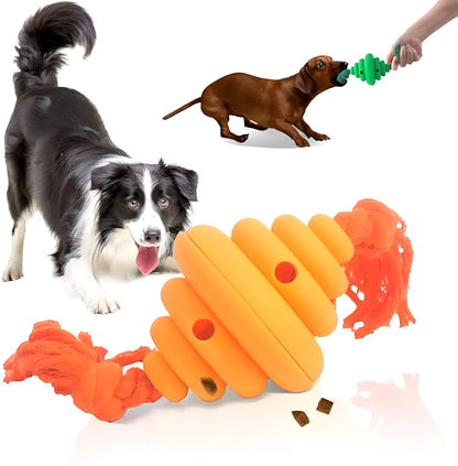 Green and yellow dog ball with attached knotted rope chew and feeder toy on grass.