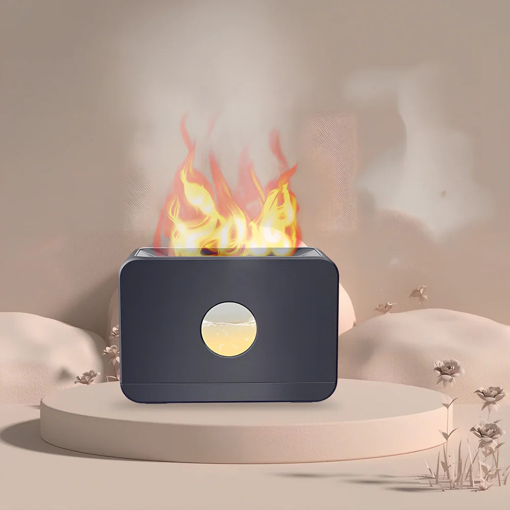 Square two-colour flame aromatherapy humidifier showing black unit with blue and orange flame lighting effect