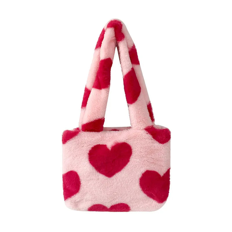Fashion love heart womens furry fluffy bag in plush with contrast colour, underarm style, 24cm wide