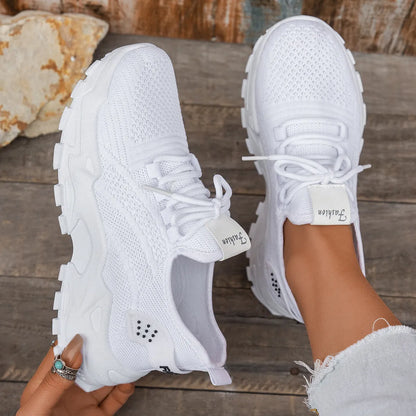 Women's Flyknit mesh casual sports shoes with flat heel and round toe in multiple colours
