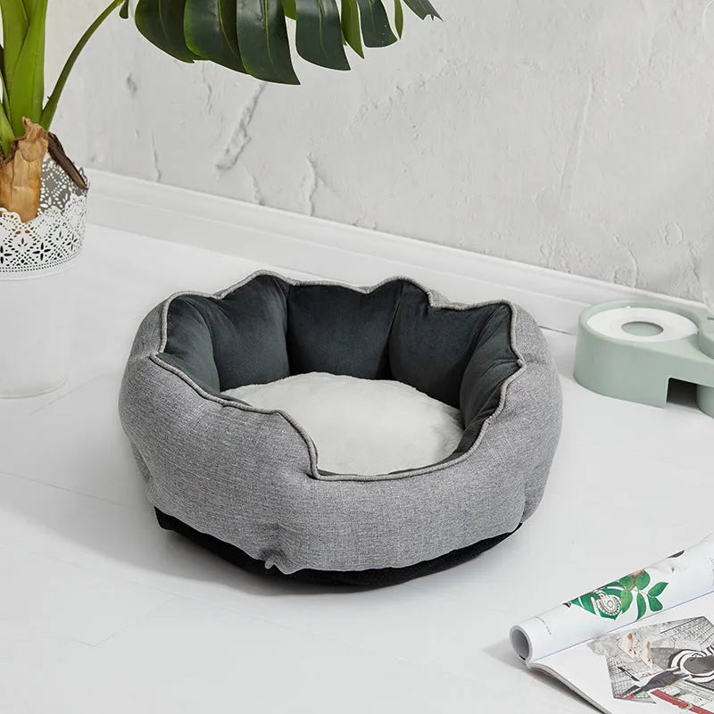 Octagonal fabric pet bed for small dogs and cats with a removable centre mat