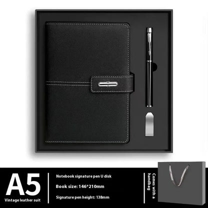 A5 notebook with imitation leather cover in colour options including black, red, green, blue, and orange.