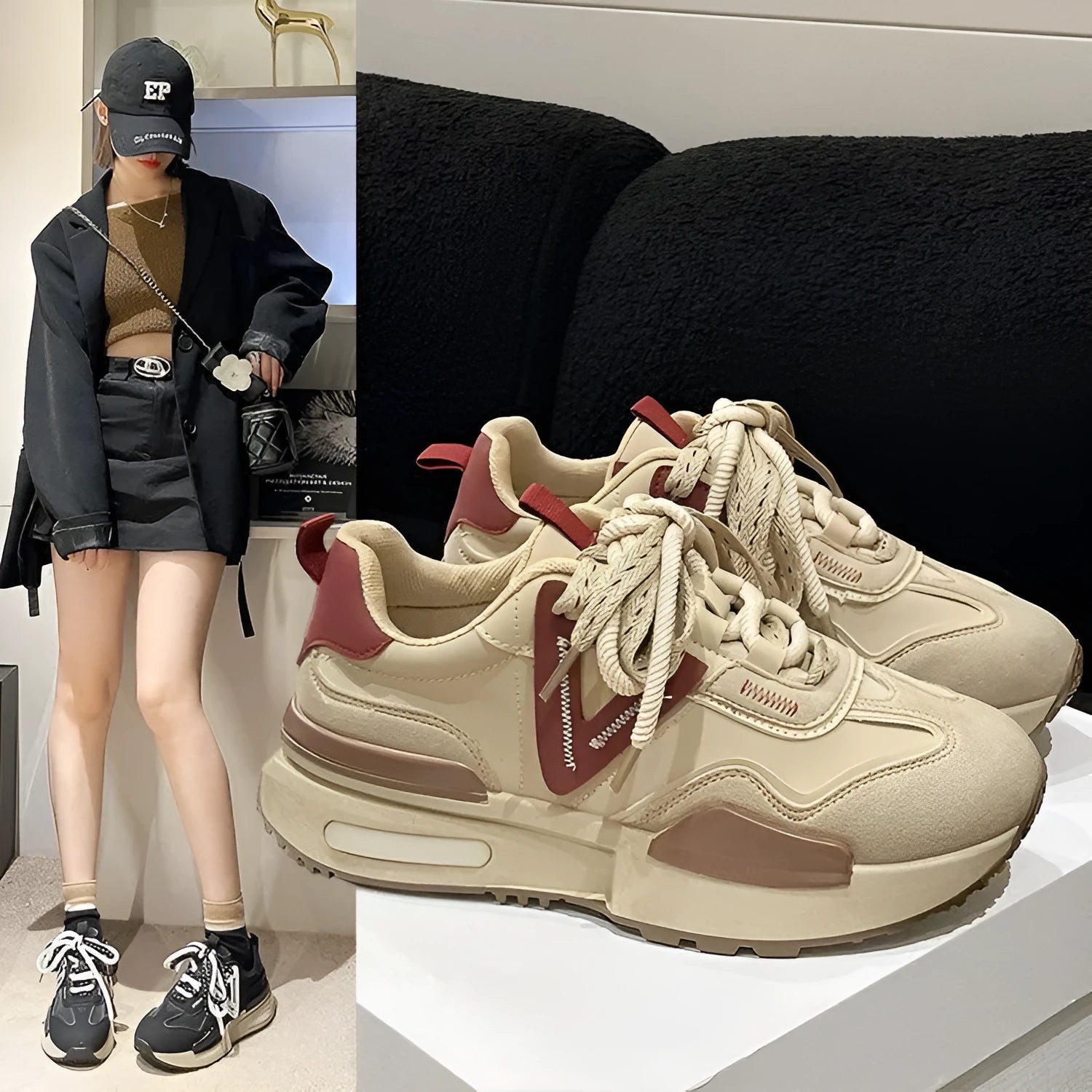 Women's retro platform sports shoes in black colour with lace-up front and rubber sole