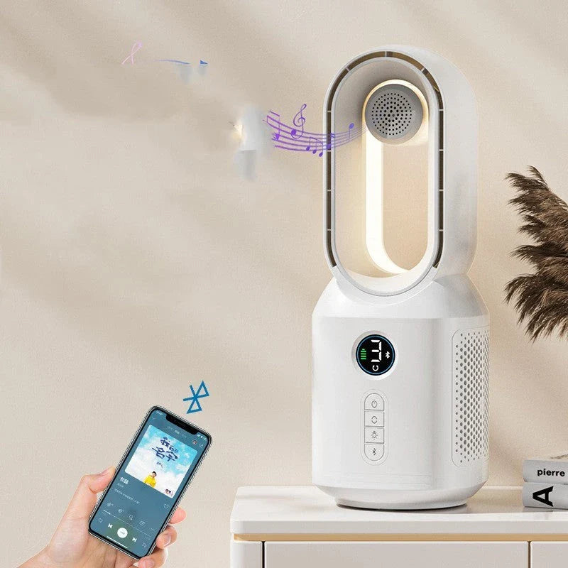 Multifunctional bladeless fan with Bluetooth speaker and LED night light for home decor and cooling comfort