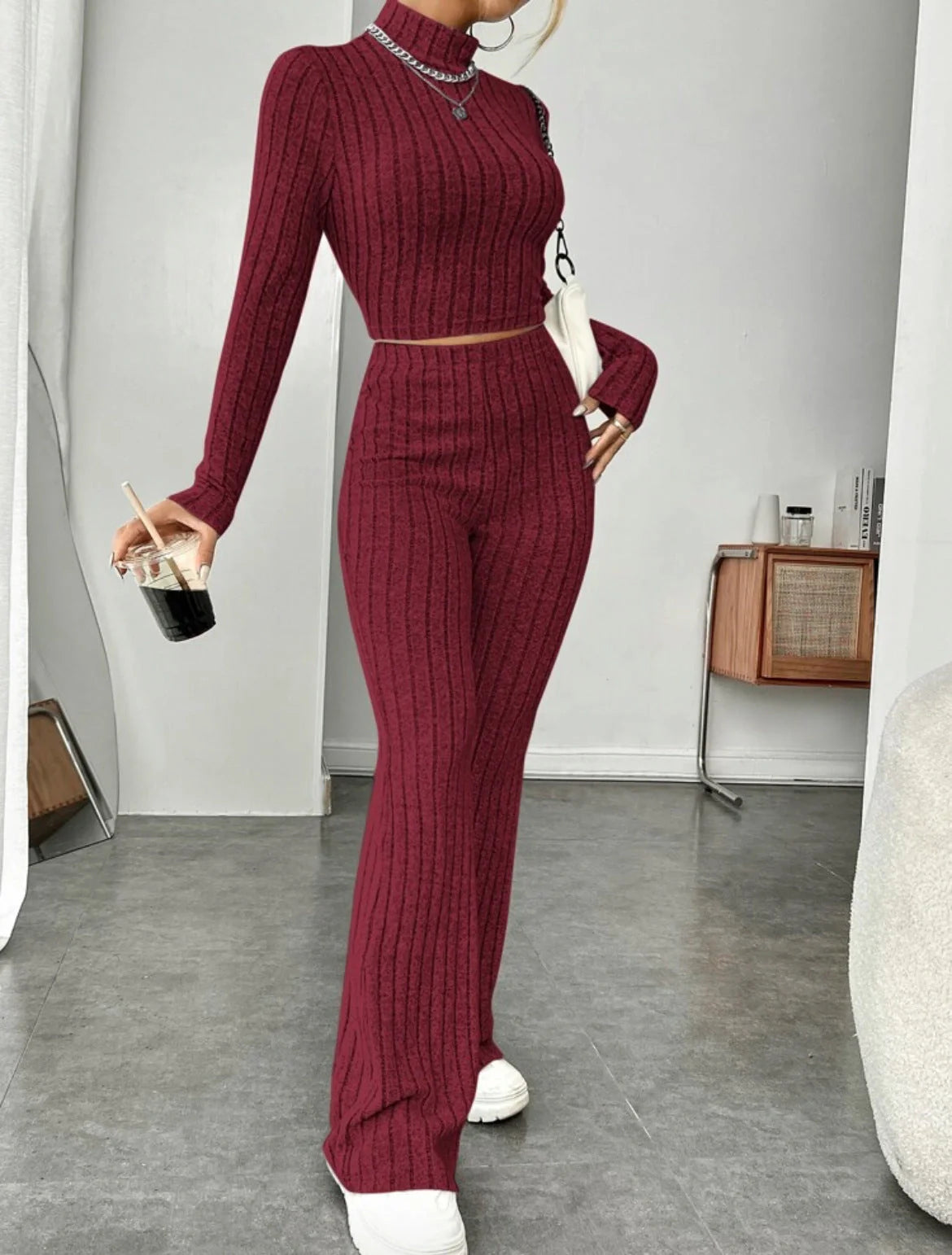 Women's cotton long sleeve turtleneck and wide leg high waist trousers suit in various colours