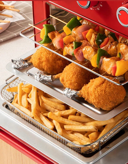 Red compact electric oven air fryer with mechanical knobs, 21-30 litre capacity, 414x383x332mm dimensions