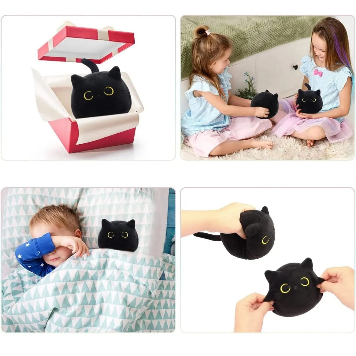 Black cat plush toy pillow with fluffy texture and embroidered facial features