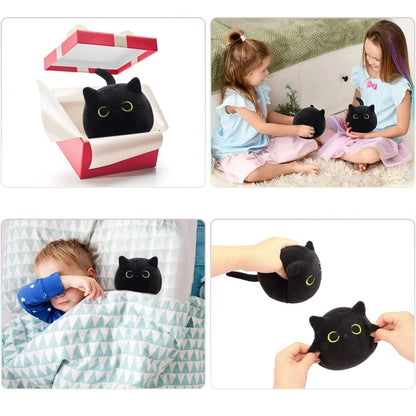 Black cat plush toy pillow with fluffy texture and embroidered facial features