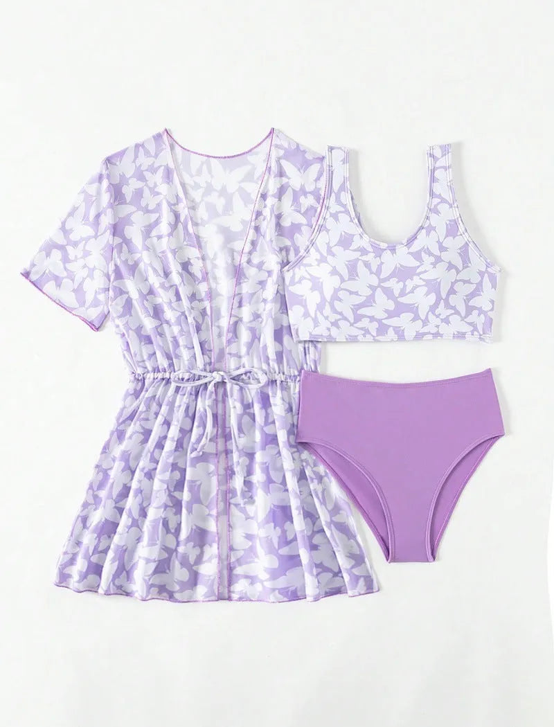 Three-piece girls swimsuit cover-up set in polyester with vest and pants for ages 8-12