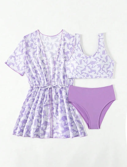 Three-piece girls swimsuit cover-up set in polyester with vest and pants for ages 8-12