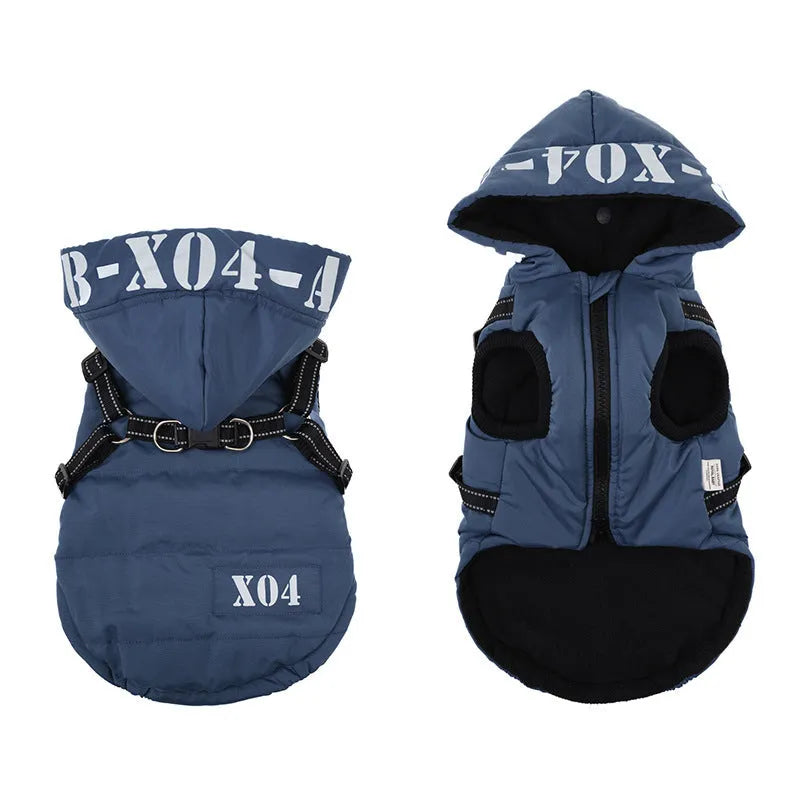 Red fleece-lined waterproof dog winter jacket with hood on a small dog
