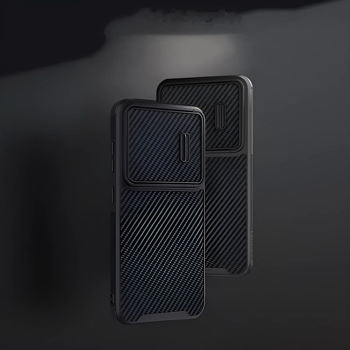 Black Samsung Galaxy S23 Ultra mobile phone case with integrated lens push cover made from TPU, PC, and carbon fibre.