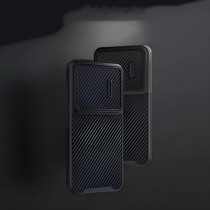 Black Samsung Galaxy S23 Ultra mobile phone case with integrated lens push cover made from TPU, PC, and carbon fibre.