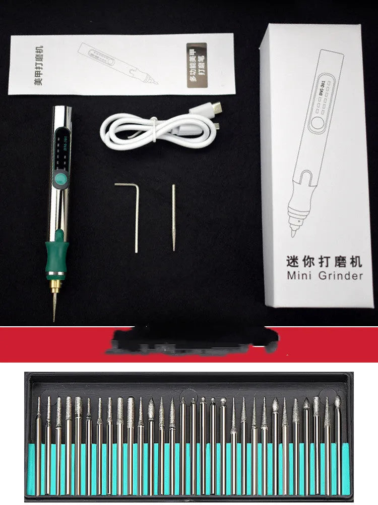 Electric engraving pen with USB charging cable and accessories including grinding heads, cutting plates, and drill bits