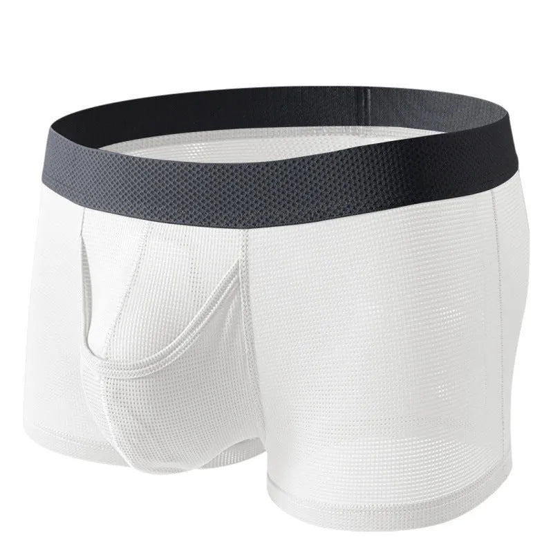 Men's ice silk boxer shorts in nylon mesh fabric showing low-waist design