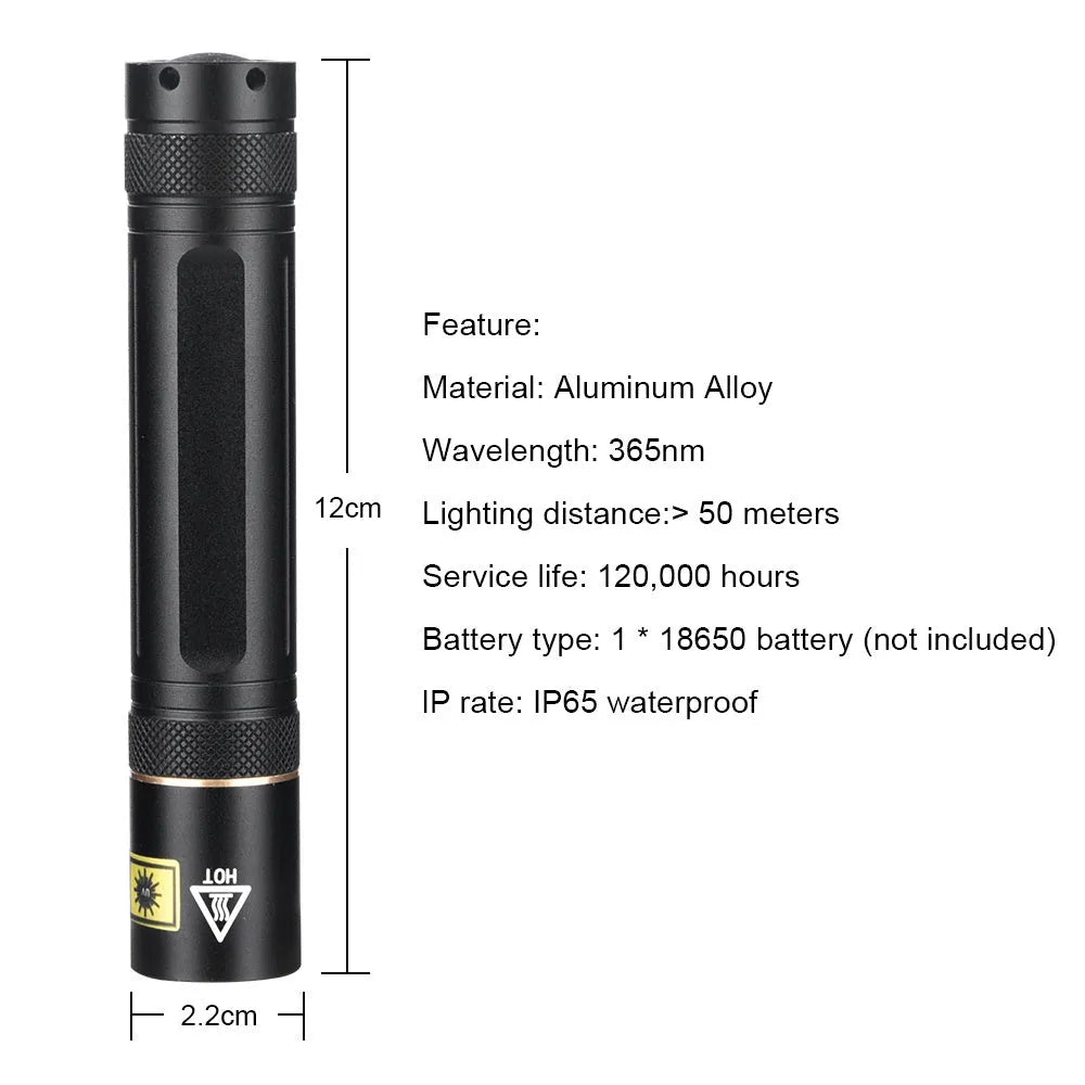 Y36 8006 365nm UV LED flashlight in aluminium alloy with 5W power and 18650 battery option