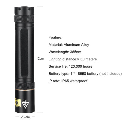 Y36 8006 365nm UV LED flashlight in aluminium alloy with 5W power and 18650 battery option