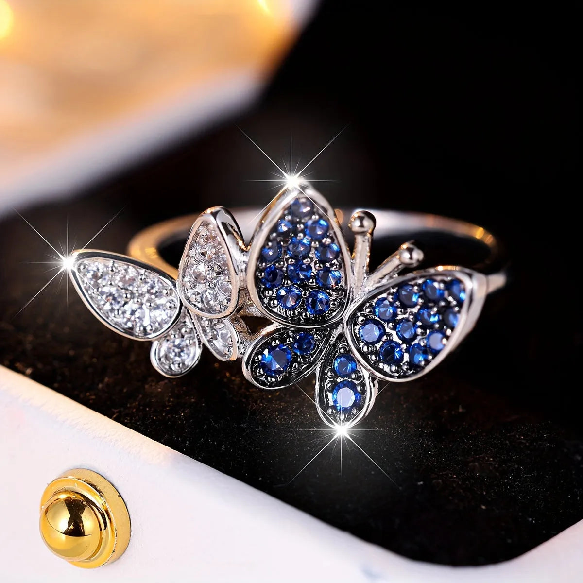 Blue and white butterfly women's ring in electroplated copper available sizes 6-10
