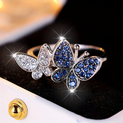 Blue and white butterfly women's ring in electroplated copper available sizes 6-10