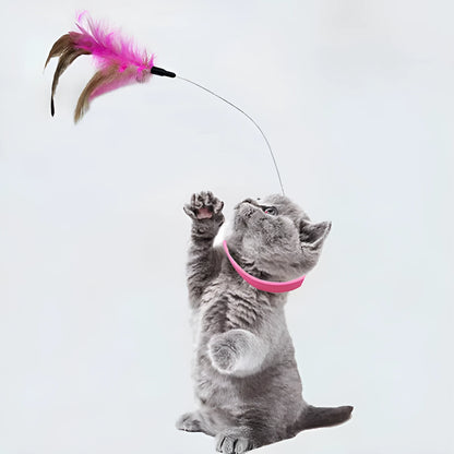 Adjustable cat feather collar toy with silicone teasing wand attached and bell in blue colour