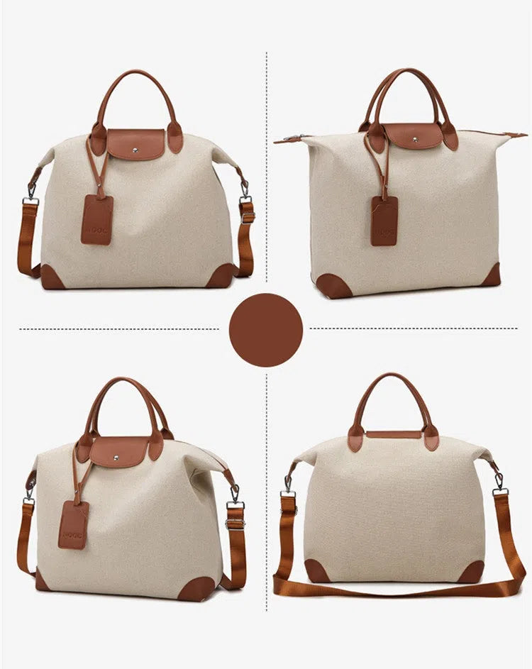 Large capacity canvas yoga and fitness bag in brown, khaki, or black with polyester lining and shoulder strap.