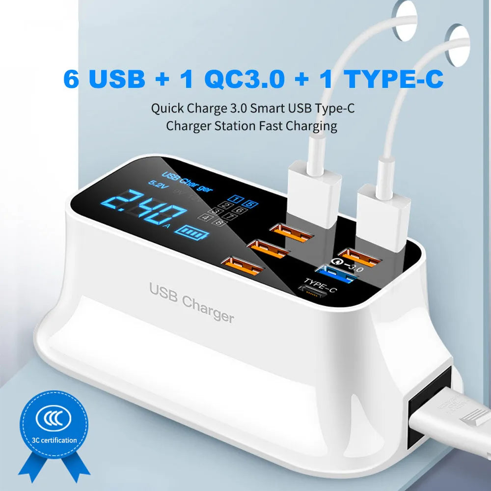 Ceramic white smart USB charger with digital display and multiple ports including QC3.0 fast charging