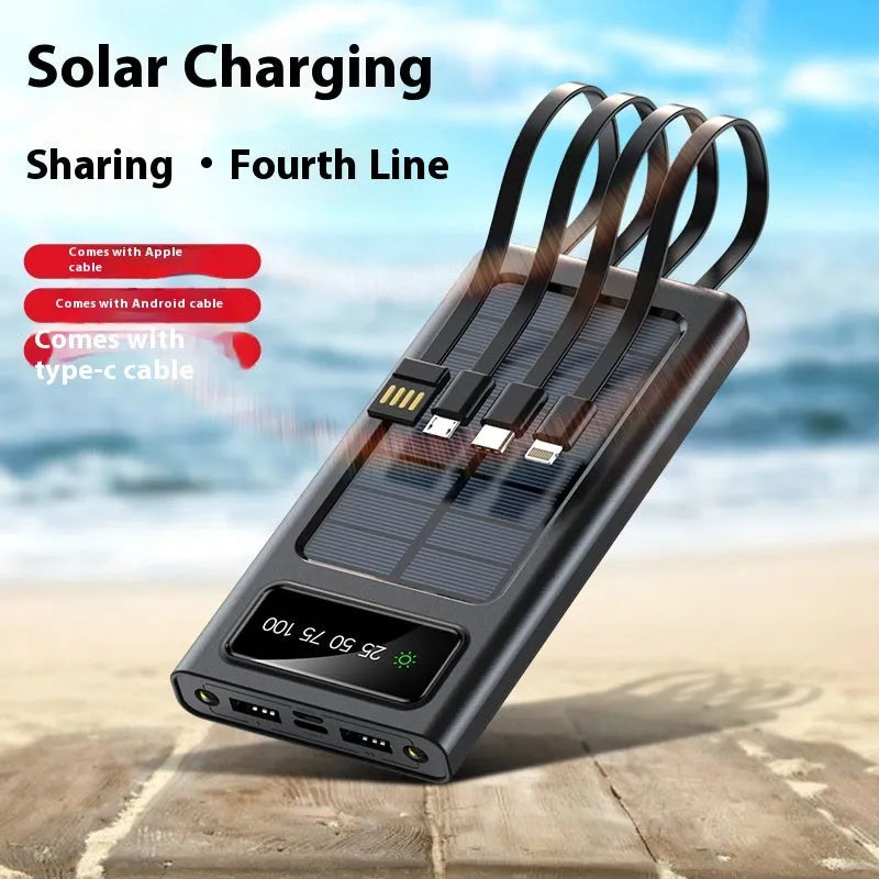 Black solar power bank with built-in charging cable showing solar panel and 20000mAh capacity label
