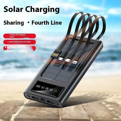 Black solar power bank with built-in charging cable showing solar panel and 20000mAh capacity label