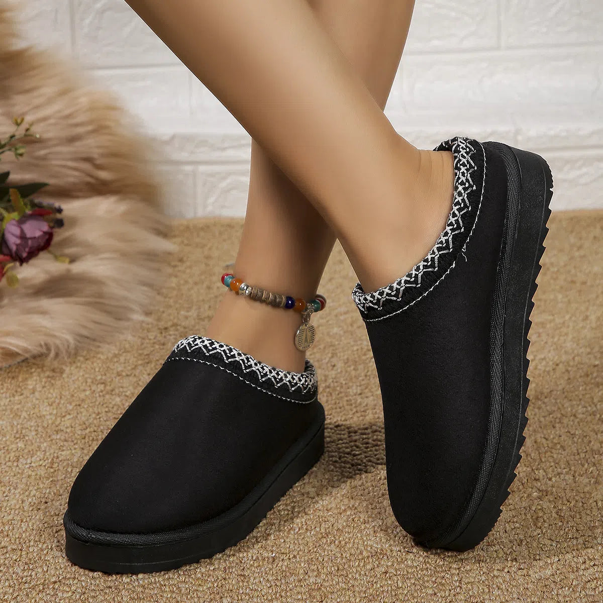 Women's half-slipper snow boots with faux fur lining, faux PU upper, and non-slip rubber sole in maroon.
