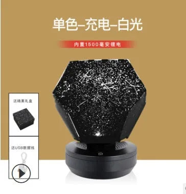 Plastic starry sky projection night light showing constellations on a bedroom ceiling, with remote control.