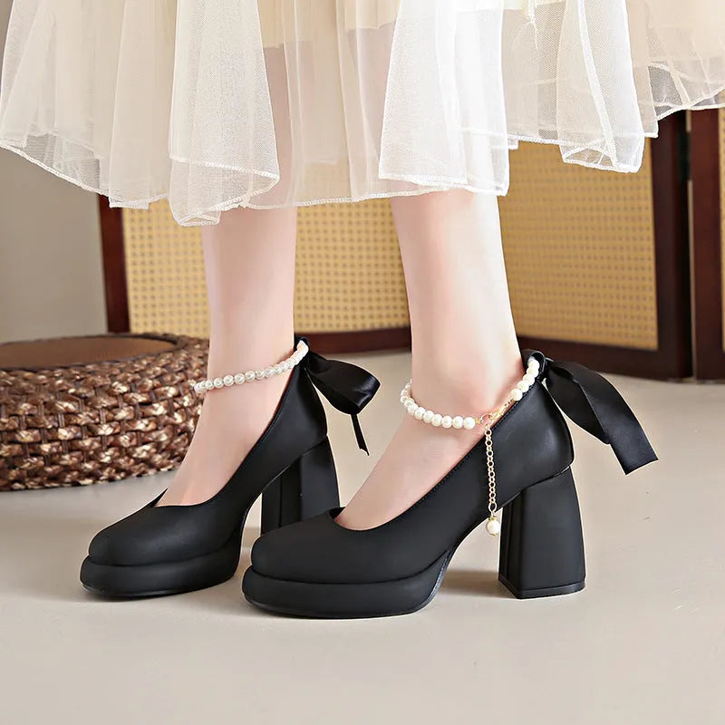 Women's Mary Jane Shoes Preppy Style Chunky Heel Ankle Strap Buckle Casual Pumps with Pearl Detail PU Upper and Rubber Sole Available in Beige Black Milk Tea Colour