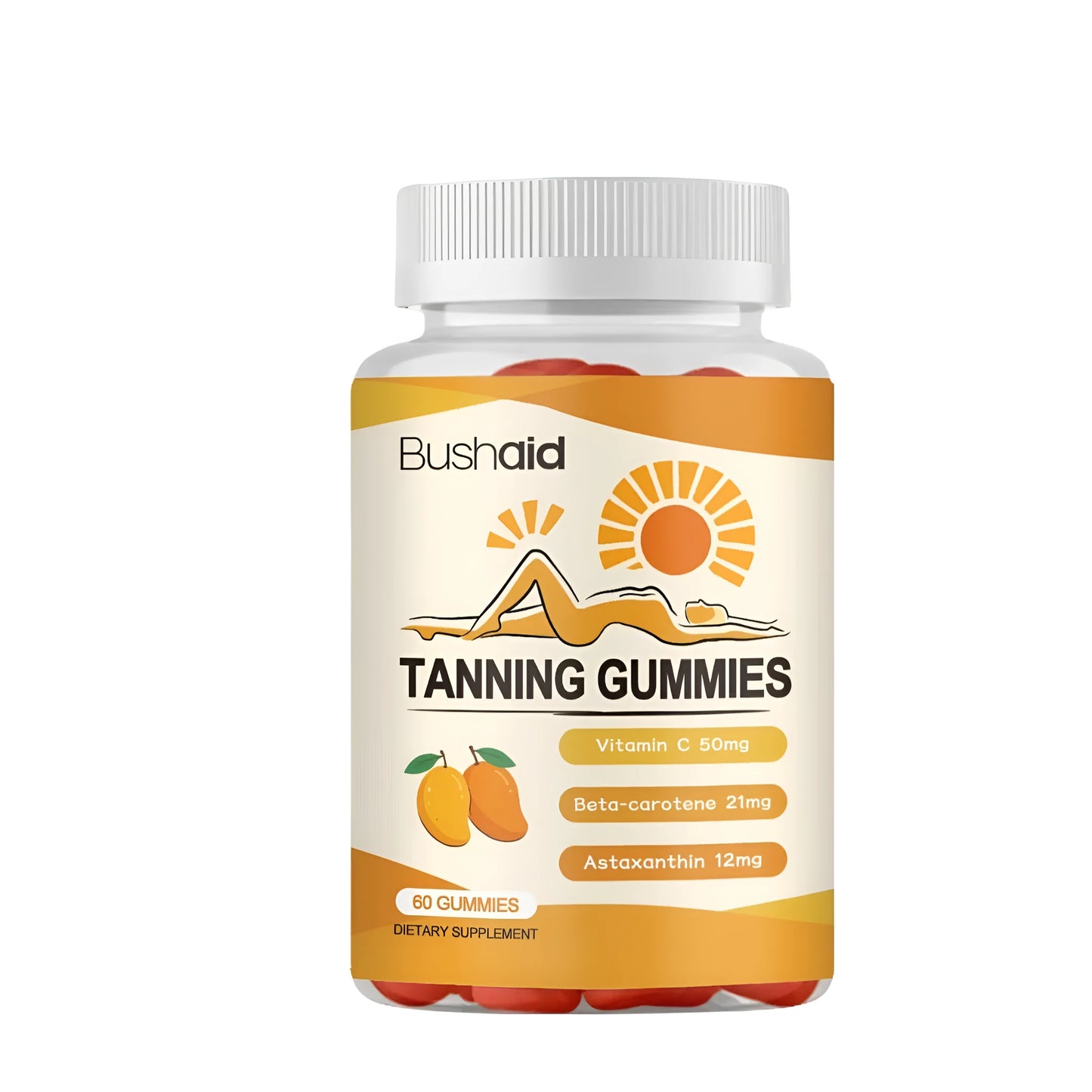 Meihei beauty supplement gummies with white caps, 60-count pack of fruit-flavoured soft candies.