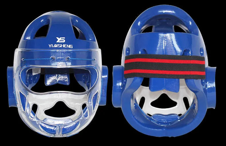 Karate helmet protective headgear in red, white or blue colours available in S, M, L, XL sizes for martial arts training.