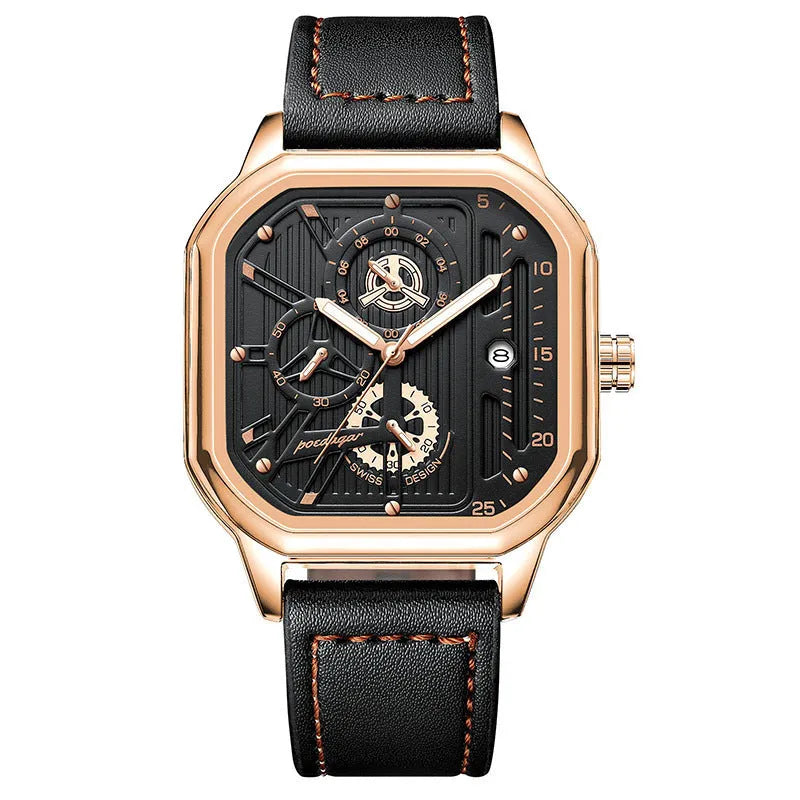 Men's black and gold belt-style quartz sports watch on wrist, 8mm thick case.