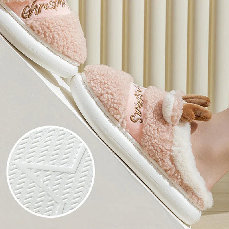 Cozy elk-themed winter home slippers in various candy colors with soft suede upper and supportive EVA sole