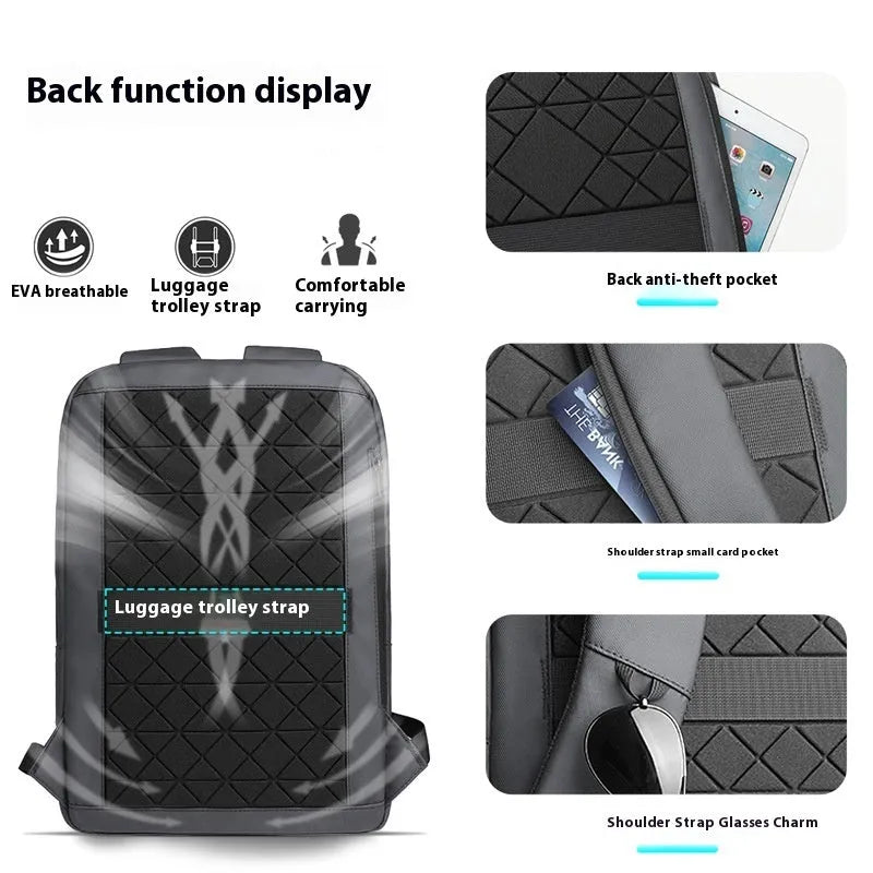 Men's lightweight Oxford cloth backpack for business travel with cross-border fashion styling, thin minimalist profile and multiple colour options including dark grey, olive green, blue and black
