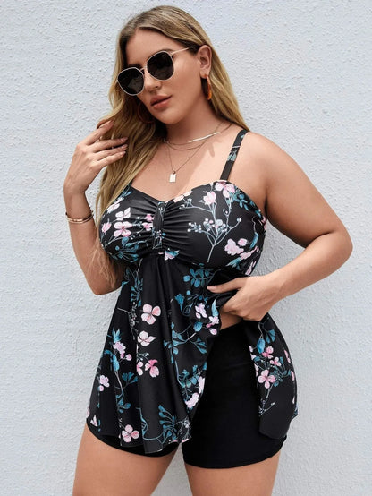 Women's floral print one-piece swimsuit in split colours with high elasticity fabric