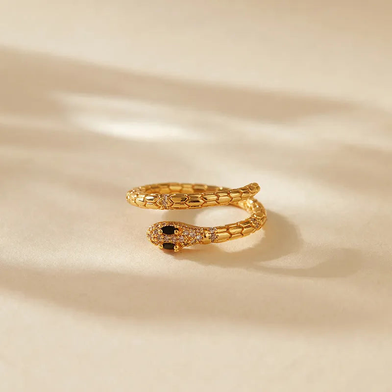 Adjustable snake-shaped copper ring with gold colour plating for index finger