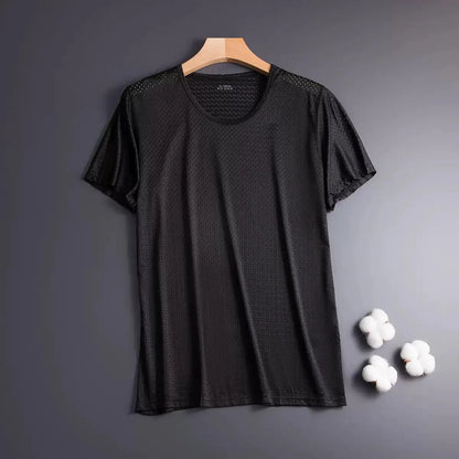 Man wearing a solid colour ice silk short sleeve t-shirt with a crew neck in a loose, casual fit for summer.