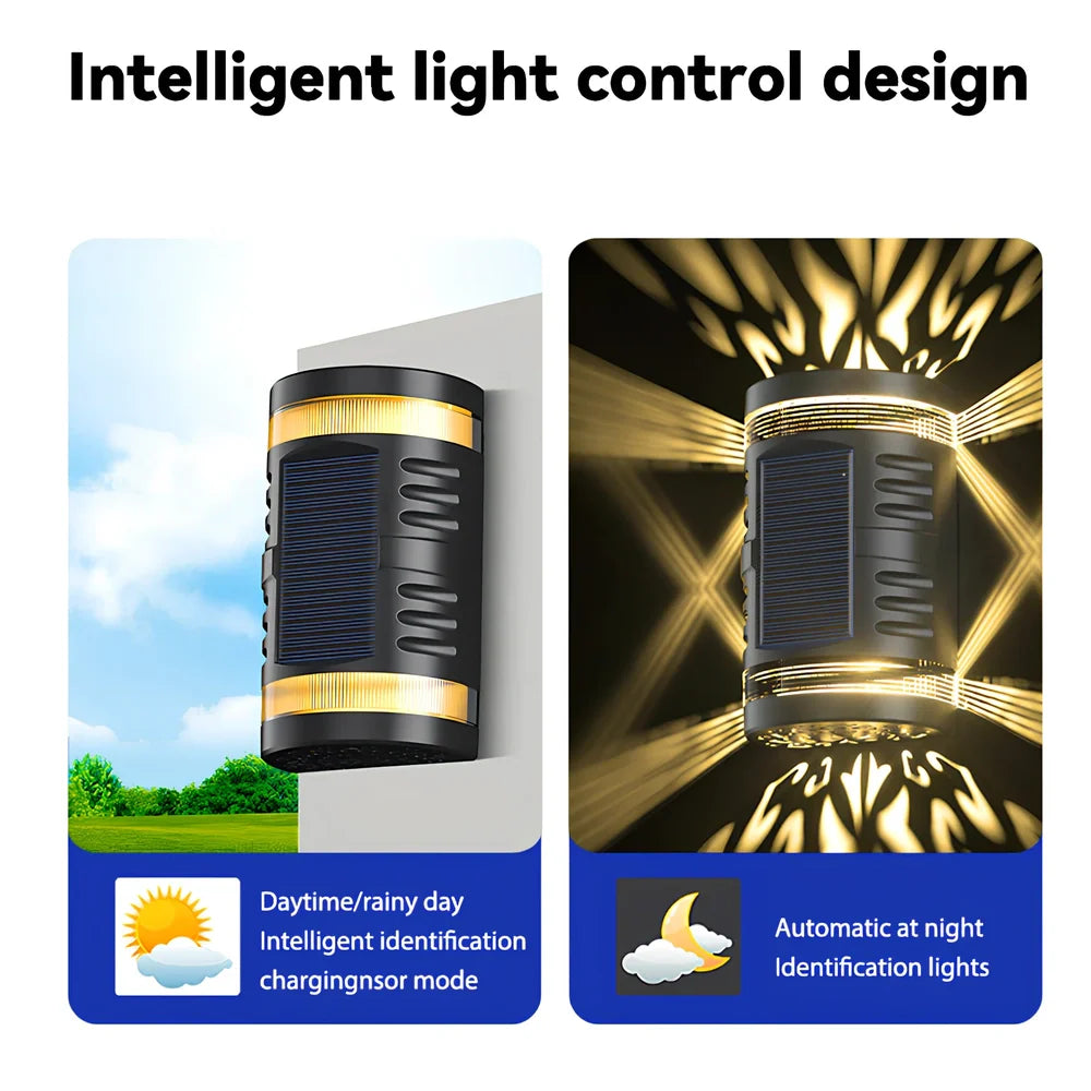 Solar-powered outdoor wall light with waterproof ABS housing measuring 90x60x151mm